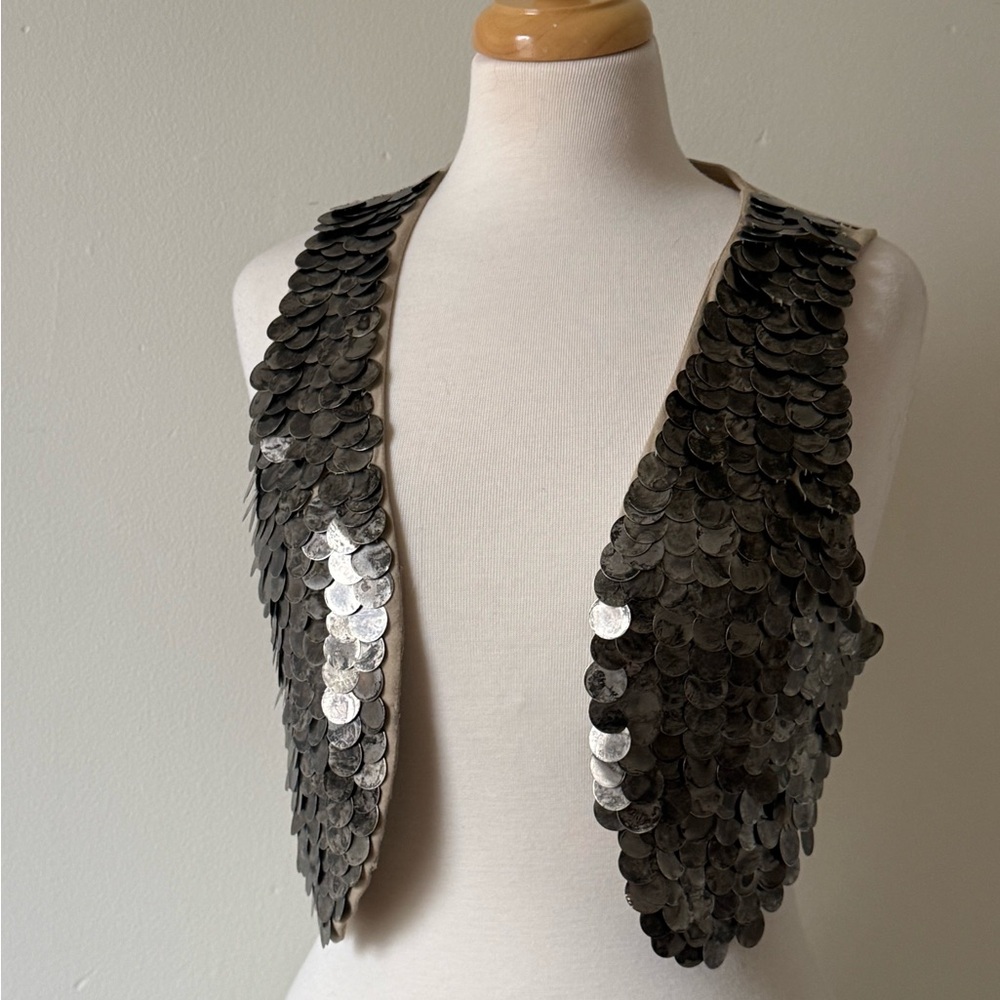 Top Shop Kate Moss Silver Sequin Coin Vest Open Front Festival Statement Top